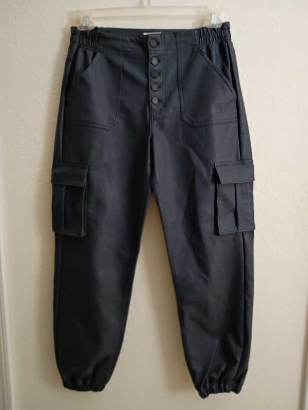 KanCan Faux Leather Navy  Cargo Joggers with Button Fly Size Large New